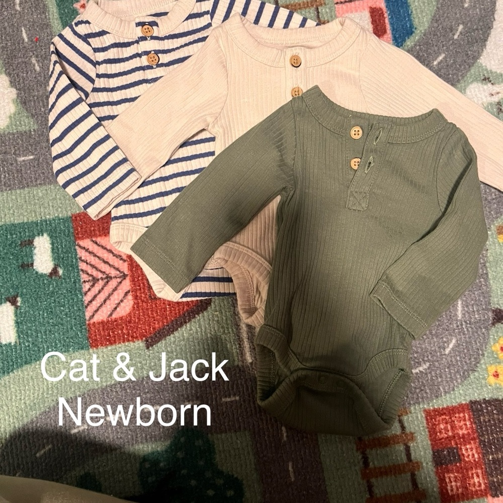 Cat & Jack Newborn Long Sleeve Bodysuits - Cream, Green, and Striped